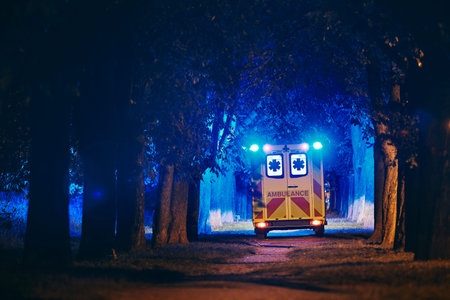 Rescue in dark alley. Rear view of ambulance of emergency medical service against illuminated trees...