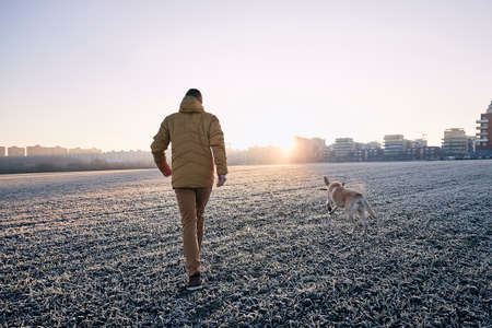 Frosty morning with dog. Young man walking with his dog against cityscape at sunrise.の写真素材