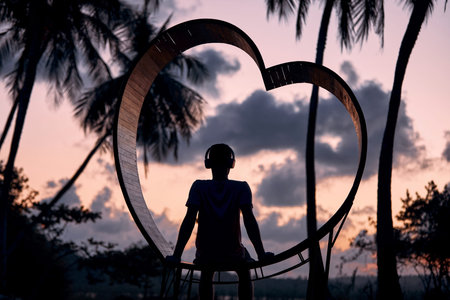 Relaxation in tropical paradise. Young man with headphones sitting in wooden heart and listening...