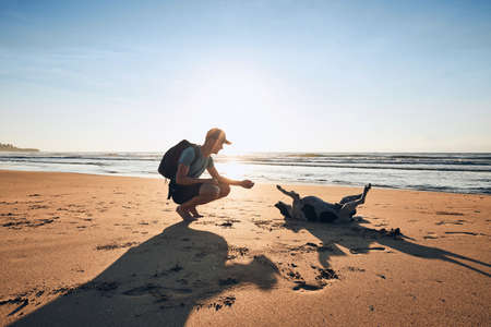 Young man playing with cheerful dog on sand beach against sea, Sri Lanka. の写真素材