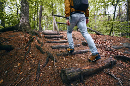 Man walking on footpath in forest. Themes freedom, hiking and travel. Bohemian Paradise, Czech Republic.の写真素材