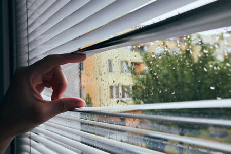 Rainy day in city. View through blinds in window.の写真素材