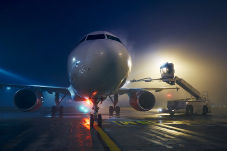 Winter frosty night at airport. Deicing of airplane before flight.の写真素材