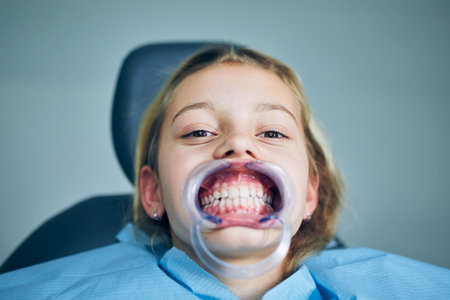 Portrait of young patient in dentist office. Girl during dental examination.の写真素材