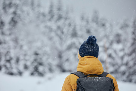 Rear view of man in winter nature. Tourist in warm clothing against trees covered white snow.の写真素材