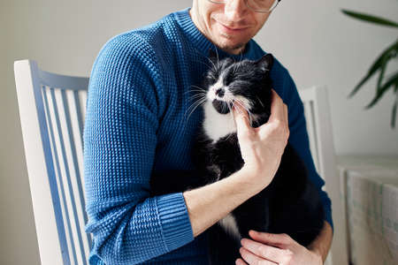 Young man holding his cat in arms during sunny day. Themes trust, care and friendship between people and pets.の写真素材