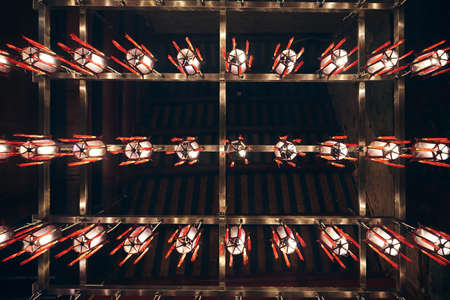 Hanging traditional red Chinese lanterns with blessings. Man Mo Temple, Hong Kongの写真素材