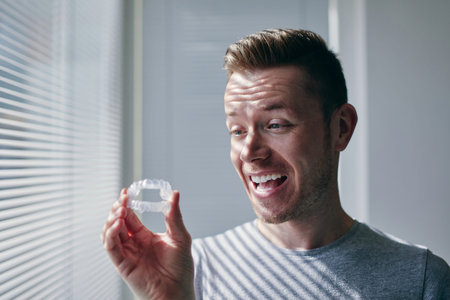 Happy man with toothy smile holding whitening trays. Themes dental health, care and beauty.の写真素材