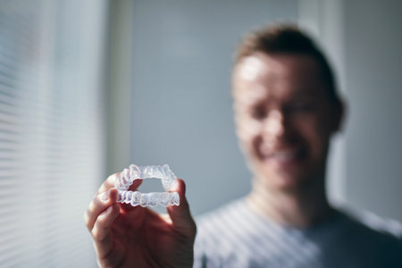 Smiling young man holding trays for teeth whitening. Themes dental health, care and beauty.の写真素材