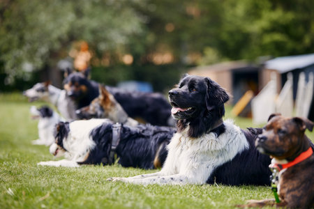 Group of dogs during training. Pets learning waiting in a row on meadow. Selective focus on Czech...