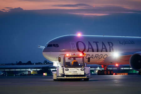 Prague, Czech Republic -  August 13, 2020: Cargo airplane Boeing B777F of Qatar Airways at Vaclav Havel Airport Prague in Czech Republic.のeditorial素材