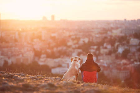 Rear view of young man with dog at sunrise. Pet owner sitting with his dog on hill against city. Prague, Czech Republic.の写真素材