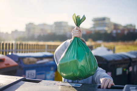 Man walking with rubbish. Hand carrying plastic bag against garbage cans on street.の写真素材