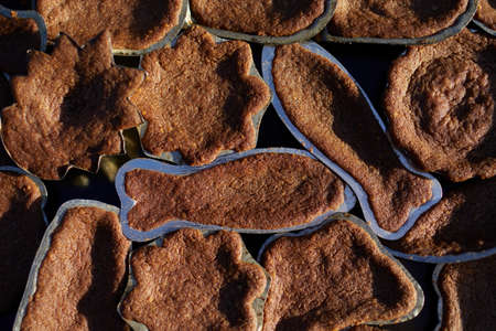 High angle view on baking tray with Christmas cocoa cookies in forms.の写真素材