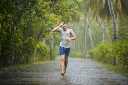 Drenched young man runing on road in heavy rain.の写真素材