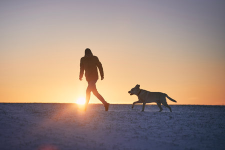 Silhouette of man with dog on snowy meadow. Pet owner running with labrador retriever during winter morning.の写真素材