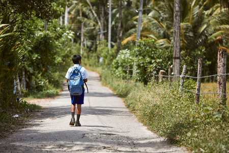 Schoolboy in uniform is walking to school. Rear view boy with backpack on rural road in Sri Lanka.の写真素材