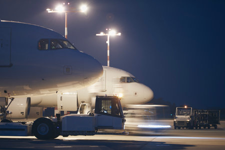 Busy airport at night. Preparation of airplanes before flight.の写真素材