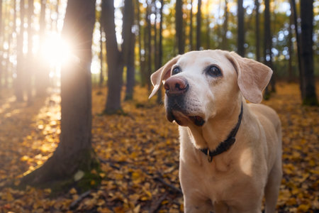 Portrait of old dog in fallen leaves. Labrador retriver during walk in autumn forest.の写真素材