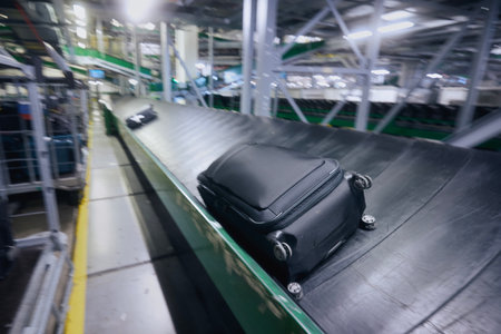 Traveling by airplane. Luggage on conveyor belt in blurred motion. Baggage sorting at airport.の写真素材