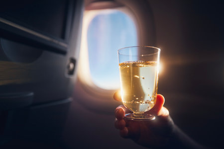 Man enjoying drink during flight. Passenger holding glass of sparkling wine against airplane window.の写真素材