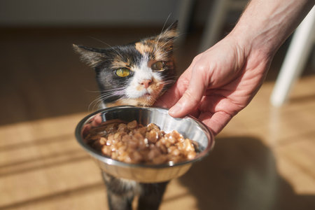 Domestic life with pet. Man giving feeding his hungry cat at home.の写真素材