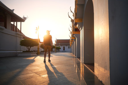 Rear view of man while admiring architecture of Buddhist temple in Bangkok. Traveler in Thailand.の写真素材