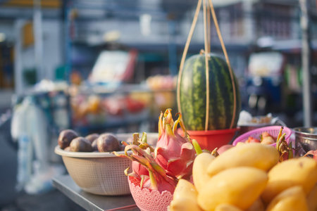 Stall with a diverse selection of tropical fruit at a street market in Bangkok.の写真素材