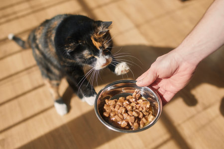 Domestic life with pet. Man giving feeding his hungry cat in morning light with shadows from the window.の写真素材