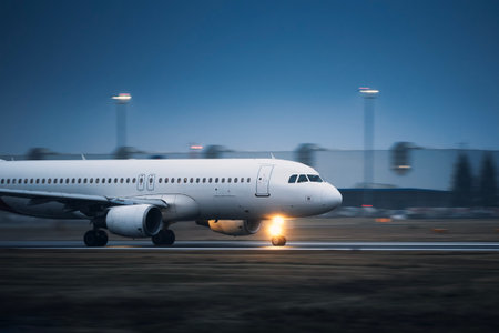 Commercial airplane during take off on airport runway at night. Plane in blurred motion.の写真素材