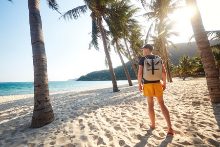 Rear view of tourist with backpack walking on beautiful sand beach with palm trees and looking at sunset. Cham Islands, Vietnam.の写真素材