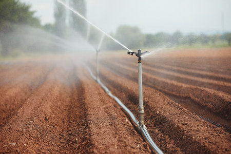 Agricultural irrigation equipment spraying water on dry filed. Themes drought, environment and agriculture.の写真素材