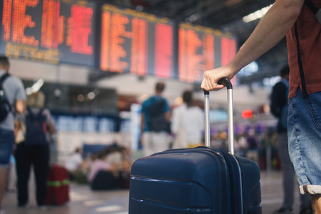 Traveling by airplane. Man waiting in airport terminal. Selective focus on hand holding suitcase against arrival and departure board. Passenger is ready for travel.の写真素材