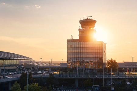 Prague, Czech Republic - July 15, 2023: Terminal building and air traffic control tower at Vaclav Havel Airport Prague at sunset.のeditorial素材