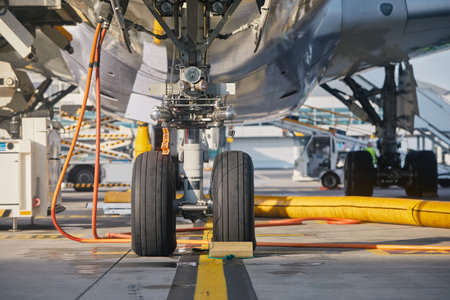 Low angle view of airplane. Ground service at airport. Preparation plane before flight during sunny...