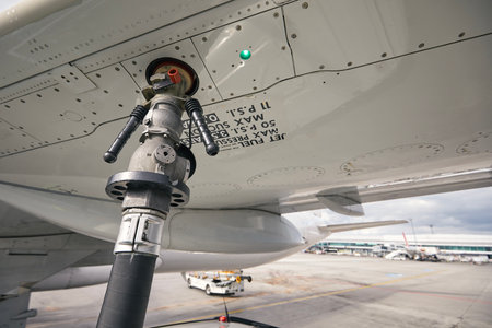 Close-up refueling of airplane at airport. Ground service before flight.の写真素材