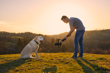 Cute dog (labrador retriever) posing for filming on meadow at sunset. Videographer holding gimbal with camera.の写真素材