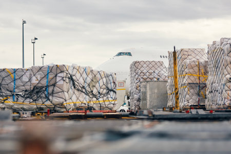 Preparation freight airplane before flight. Loading of cargo containers to plane at airport.の写真素材