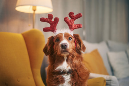 Dog with costume of reindeer antlers. Funny portrait of happy Nova Scotia Duck Tolling Retriever waiting for Christmas.の写真素材