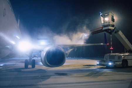Deicing of airplane wing before flight. Winter frosty night and ground service at airport during...