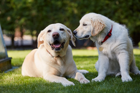 Two canine friends. Portrait of two happy dogs together in backyard. Senior labrador retriever and puppy of golden retriever resting in grass.の写真素材