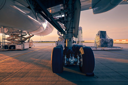 Landing gear of large plane. Preparation cargo airplane before flight at beautiful sunset. Unloading and loading of freight containers at airport.の写真素材