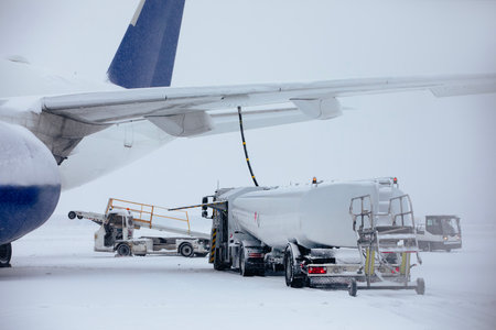 Refueling of airplane from fuel tanker truck at airport during snowfall. Ground service before flight on frosty winter day.の写真素材