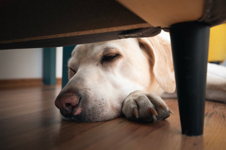 Head of dog while resting at home. Old labrador retriever hiding under chair.