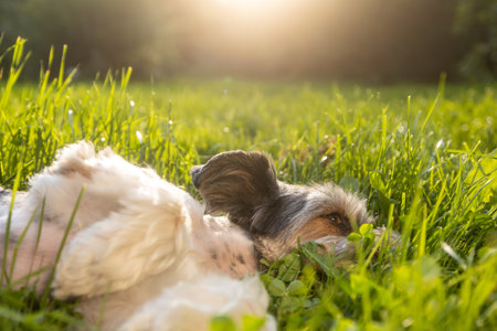 Happy lap dog lying nn back in grass at sunset. Playful cute terrier enjoying summer day at garden.の写真素材