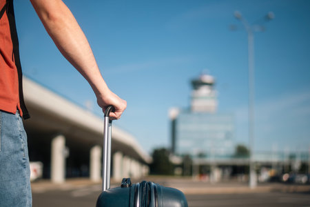 Travel by airplane. Traveler is walking from parking lot to airport terminal. Man with suitcase against air traffic control tower on sunny summer day.の写真素材