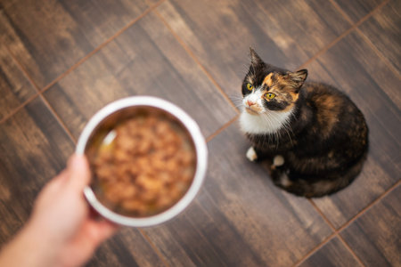 Domestic life with pet. Man holding metal bowl with food for his tabby cat. Pet owner giving feeding for cat at home.の写真素材