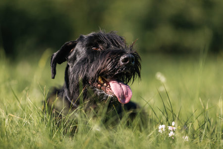 Portrait of Giant Schnauzer. Cute dog lying in grass on sunny summer day.