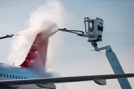 Deicing of airplane before flight. Winter frosty day at airport.