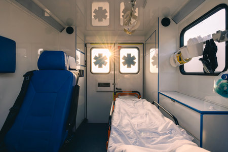 Interior of modern ambulance car of emergency medical service. Themes rescue, urgency and health care.の写真素材